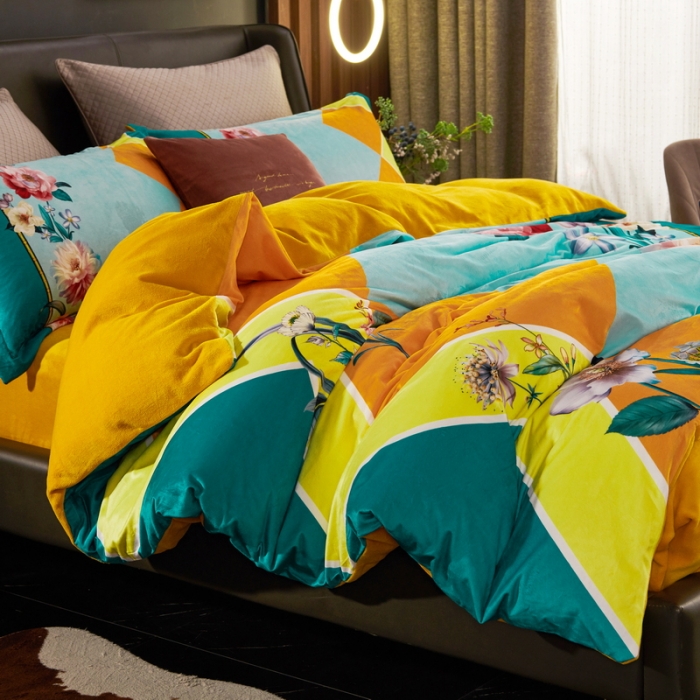 91家纺网 家纺一手货源 找家纺 ds生活馆2021新款奢系列数码印花水晶绒牛奶绒四件套 花涧里