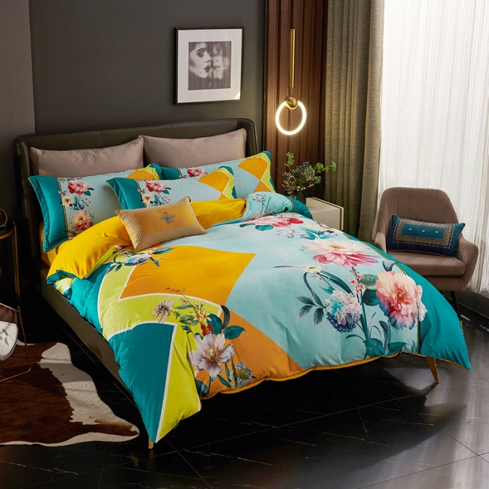 91家纺网 家纺一手货源 找家纺 ds生活馆2021新款奢系列数码印花水晶绒牛奶绒四件套 花涧里