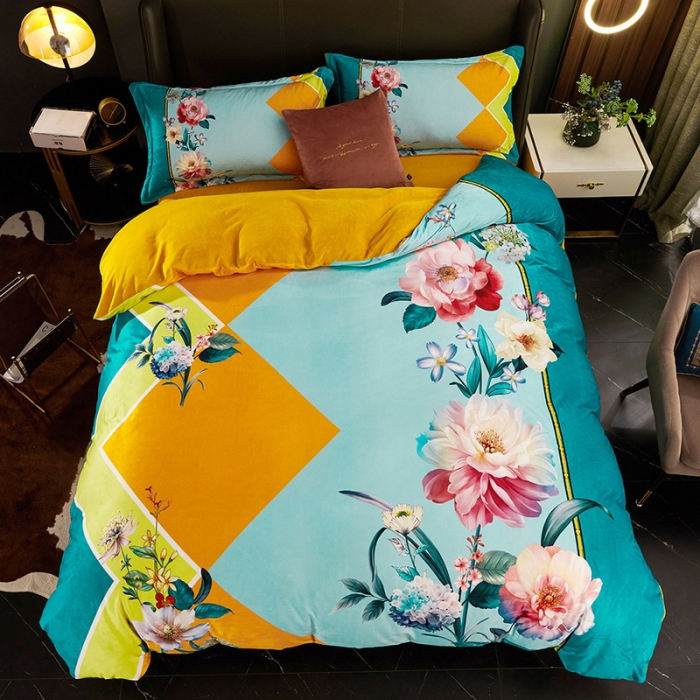 91家纺网 家纺一手货源 找家纺 ds生活馆2021新款奢系列数码印花水晶绒牛奶绒四件套 花涧里