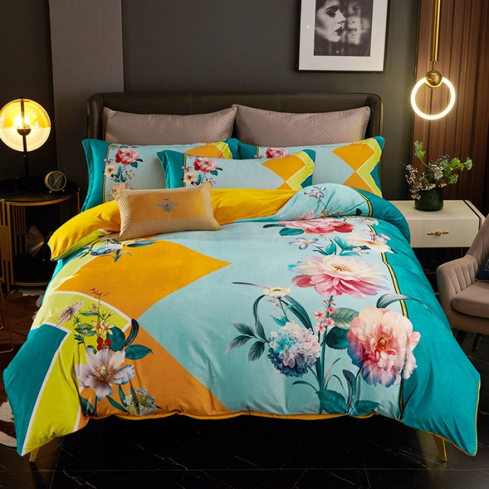 91家纺网 家纺一手货源 找家纺 ds生活馆2021新款奢系列数码印花水晶绒牛奶绒四件套 花涧里