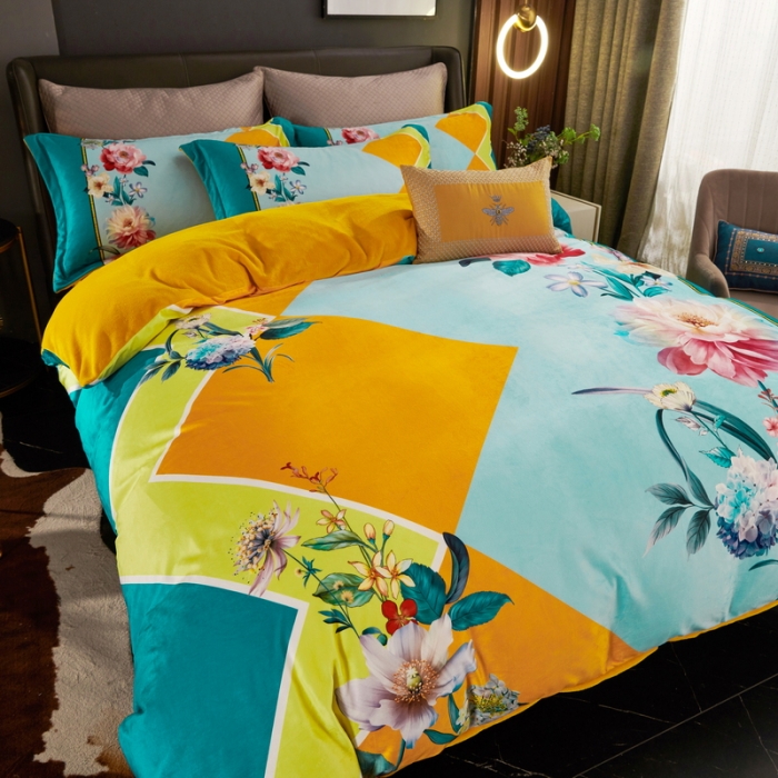 91家纺网 家纺一手货源 找家纺 ds生活馆2021新款奢系列数码印花水晶绒牛奶绒四件套 花涧里