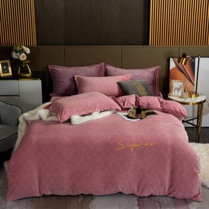 91家纺网 家纺一手货源 找家纺 昊川 2021高克重230g牛奶绒小清新绣花四件套简约豆沙