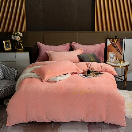 91家纺网 家纺一手货源 找家纺 昊川 2021高克重230g牛奶绒小清新绣花四件套简约-粉玉