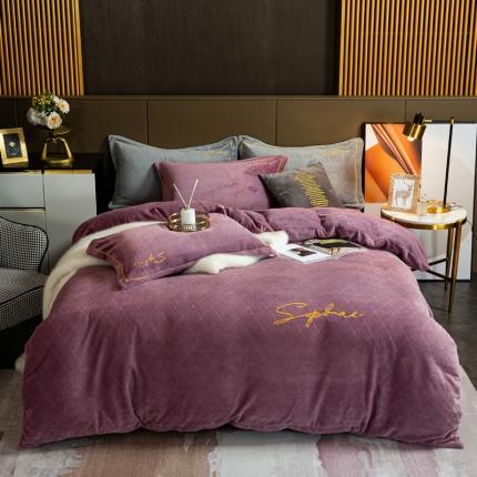 91家纺网 家纺一手货源 找家纺 昊川家纺 2021高克重230g牛奶绒小清新绣花四件套简约紫