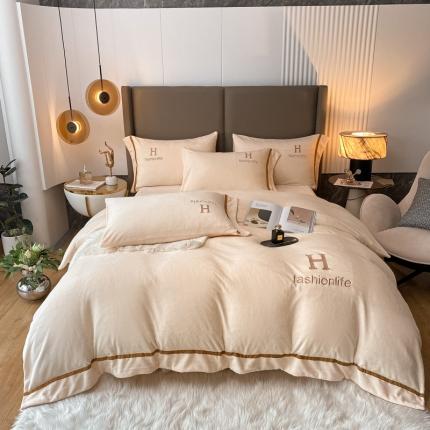 91家纺网 家纺一手货源 找家纺 （总）米彩家纺2023新款加厚牛奶绒刺绣H款四件套