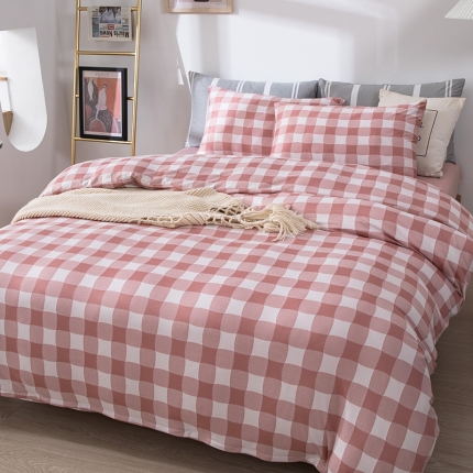 91家纺网 家纺一手货源 找家纺 日式无印风简约自发热针织提花纯色德绒条纹格子四件套 格调豆沙