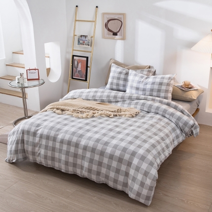 91家纺网 家纺一手货源 找家纺 日式无印风简约自发热针织提花纯色德绒条纹格子四件套 格调豆沙