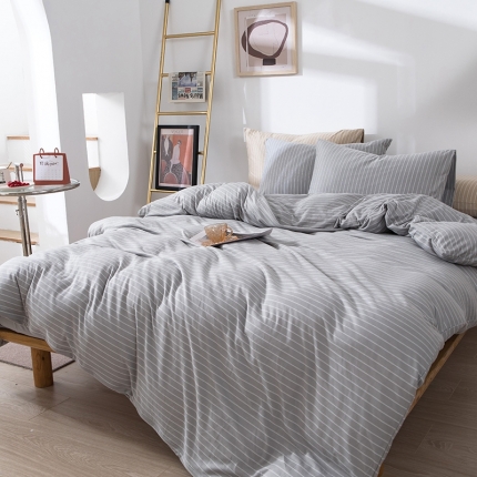 91家纺网 家纺一手货源 找家纺 日式无印风简约自发热针织提花纯色德绒条纹格子四件套 格调豆沙