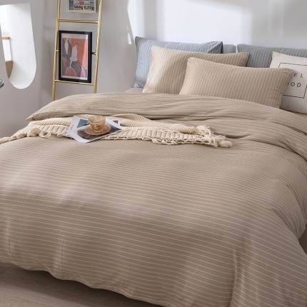 91家纺网 家纺一手货源 找家纺 日式无印风简约自发热针织提花纯色德绒条纹格子四件套 格调豆沙