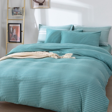 91家纺网 家纺一手货源 找家纺 日式无印风简约自发热针织提花纯色德绒条纹格子四件套 格调豆沙