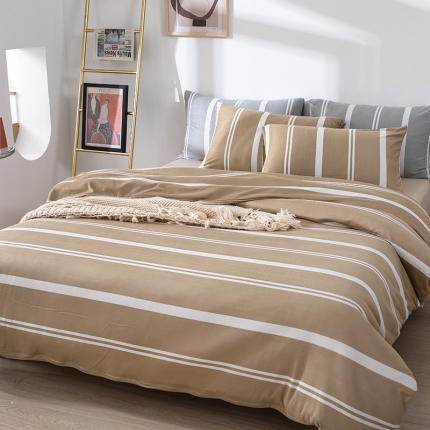 91家纺网 家纺一手货源 找家纺 日式无印风简约自发热针织提花纯色德绒条纹格子四件套 格调豆沙