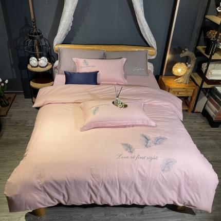 91家纺网 家纺一手货源 找家纺 玖玖爱2021新款60s全棉刺绣加厚磨毛四件套 金玉极光粉玉