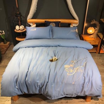 91家纺网 家纺一手货源 找家纺 玖玖爱2021新款60s全棉刺绣加厚磨毛四件套 兰花逸香繁星蓝