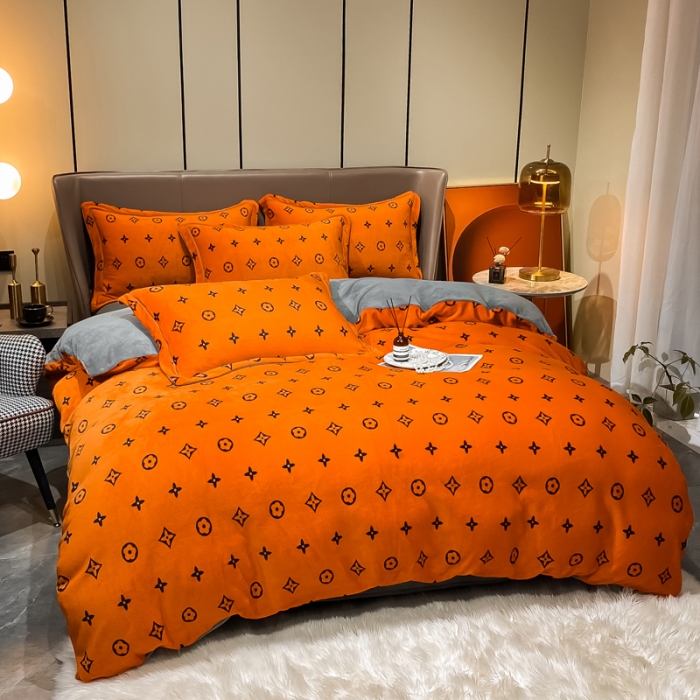 91家纺网 家纺一手货源 找家纺 米莱家纺 2021新款轻奢风加厚保暖牛奶绒四件套 简约星  桔