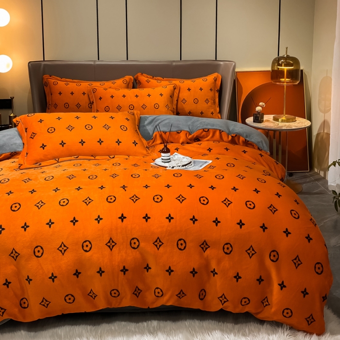 91家纺网 家纺一手货源 找家纺 米莱家纺 2021新款轻奢风加厚保暖牛奶绒四件套 简约星  桔