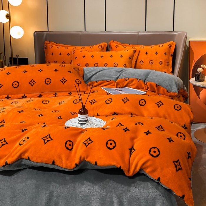 91家纺网 家纺一手货源 找家纺 米莱家纺 2021新款轻奢风加厚保暖牛奶绒四件套 简约星  桔