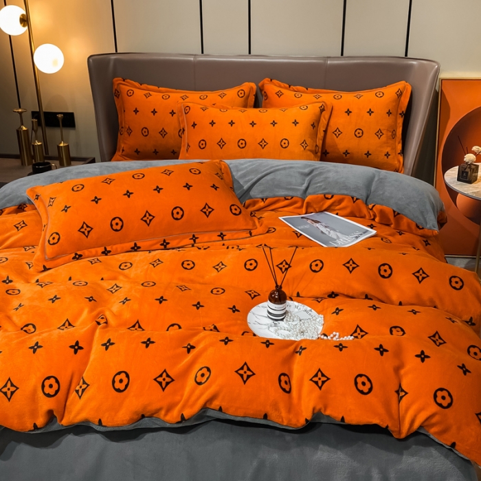 91家纺网 家纺一手货源 找家纺 米莱家纺 2021新款轻奢风加厚保暖牛奶绒四件套 简约星  桔