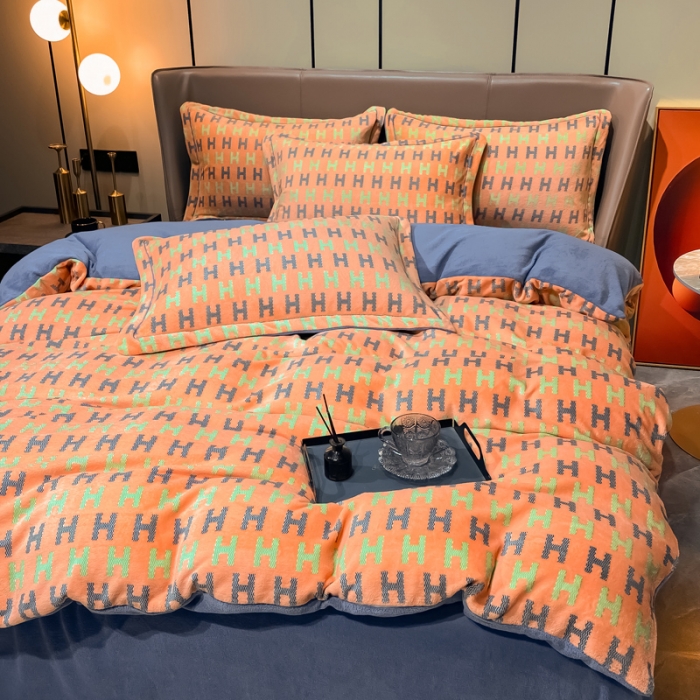 91家纺网 家纺一手货源 找家纺 米莱家纺 2021新款轻奢风加厚保暖牛奶绒四件套 凯伦  桔