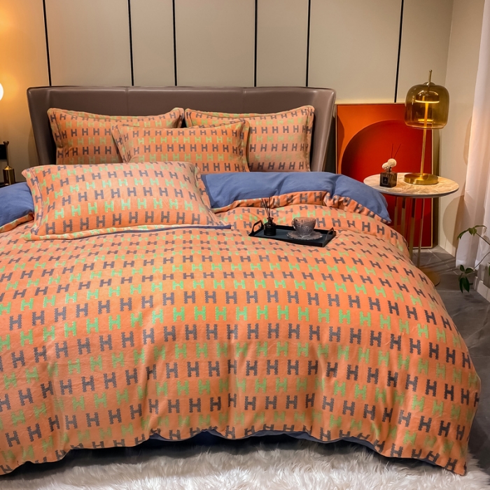 91家纺网 家纺一手货源 找家纺 米莱家纺 2021新款轻奢风加厚保暖牛奶绒四件套 凯伦  桔