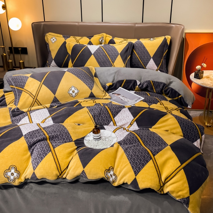 91家纺网 家纺一手货源 找家纺 米莱家纺 2021新款轻奢风加厚保暖牛奶绒四件套 菱形世界  黄