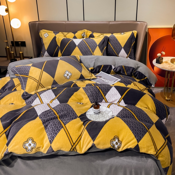 91家纺网 家纺一手货源 找家纺 米莱家纺 2021新款轻奢风加厚保暖牛奶绒四件套 菱形世界  黄