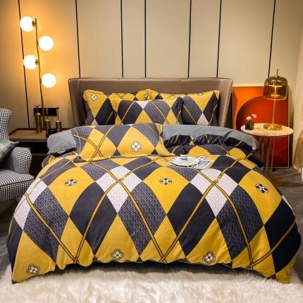 米莱家纺 2021新款轻奢风加厚保暖牛奶绒四件套 菱形世界  黄