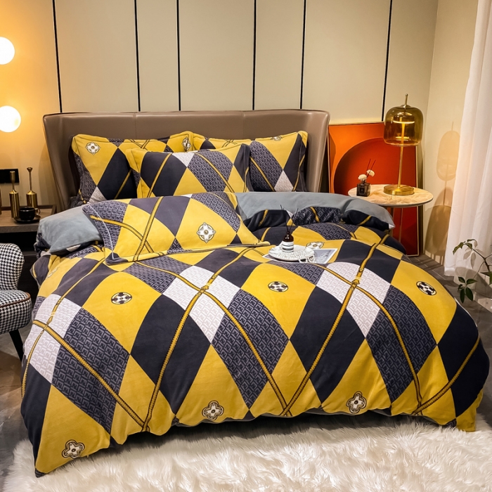 91家纺网 家纺一手货源 找家纺 米莱家纺 2021新款轻奢风加厚保暖牛奶绒四件套 菱形世界  黄