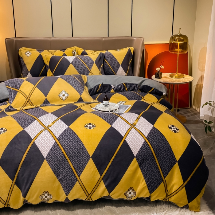 91家纺网 家纺一手货源 找家纺 米莱家纺 2021新款轻奢风加厚保暖牛奶绒四件套 菱形世界  黄