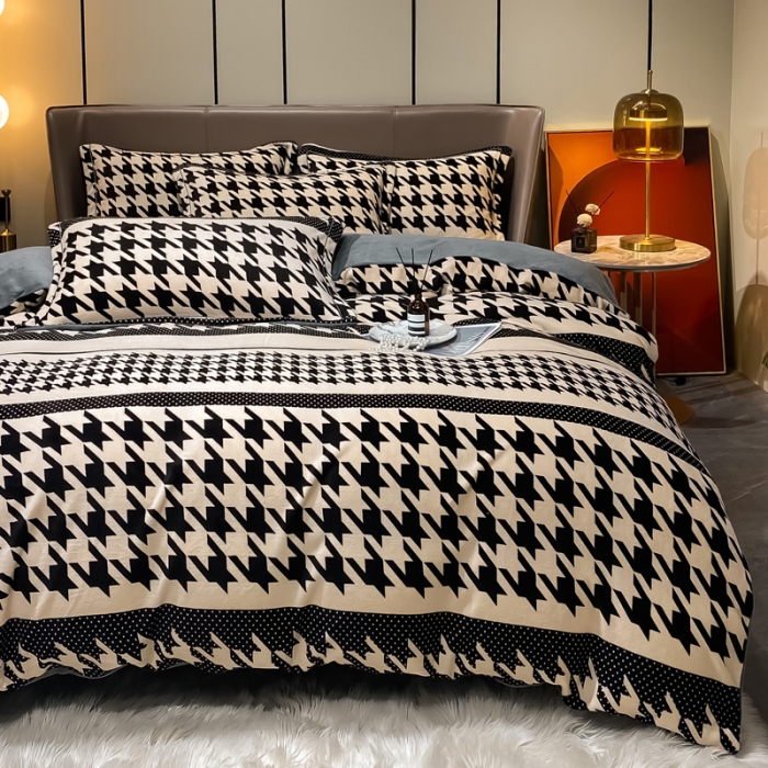 91家纺网 家纺一手货源 找家纺 米莱家纺 2021新款轻奢风加厚保暖牛奶绒四件套 千鸟条纹