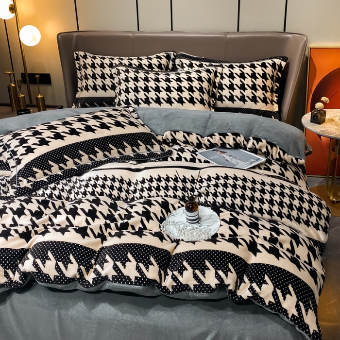 91家纺网 家纺一手货源 找家纺 米莱家纺 2021新款轻奢风加厚保暖牛奶绒四件套 千鸟条纹