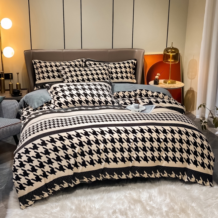 91家纺网 家纺一手货源 找家纺 米莱家纺 2021新款轻奢风加厚保暖牛奶绒四件套 千鸟条纹