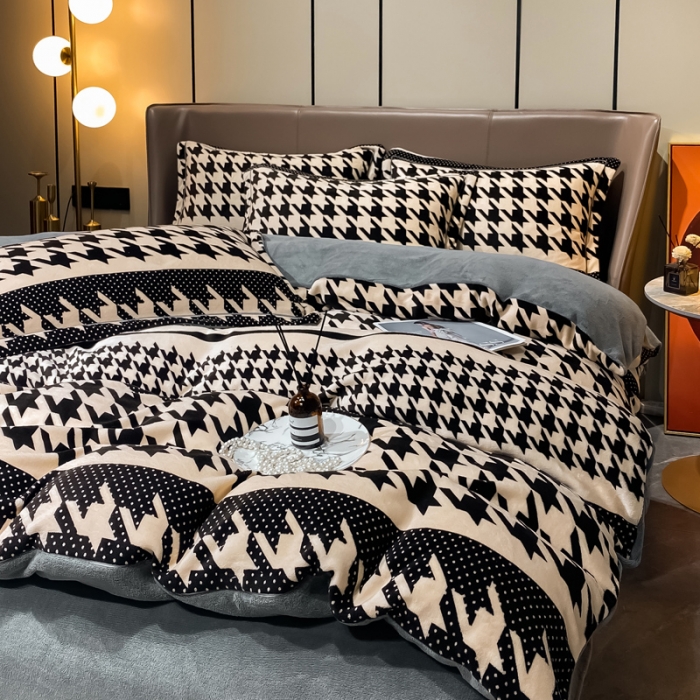 91家纺网 家纺一手货源 找家纺 米莱家纺 2021新款轻奢风加厚保暖牛奶绒四件套 千鸟条纹