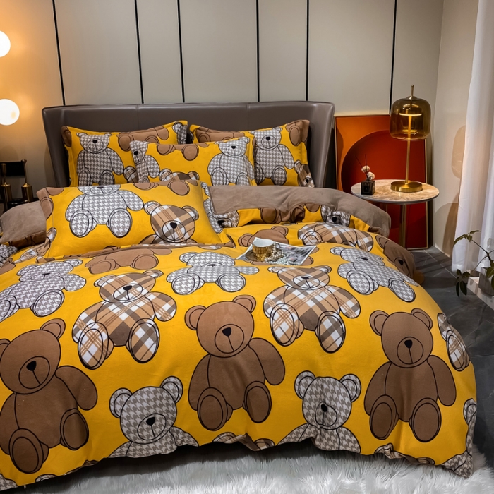 91家纺网 家纺一手货源 找家纺 米莱家纺 2021新款轻奢风加厚保暖牛奶绒四件套 绅士熊