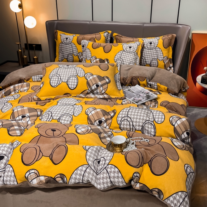 91家纺网 家纺一手货源 找家纺 米莱家纺 2021新款轻奢风加厚保暖牛奶绒四件套 绅士熊