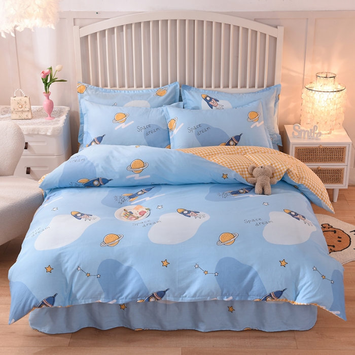 91家纺网 家纺一手货源 找家纺 八十八家纺  2023新款全棉单层款全棉床裙四件套 太空之旅