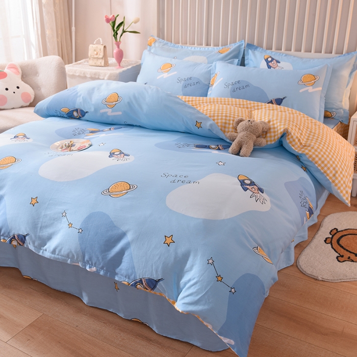 91家纺网 家纺一手货源 找家纺 八十八家纺  2023新款全棉单层款全棉床裙四件套 太空之旅