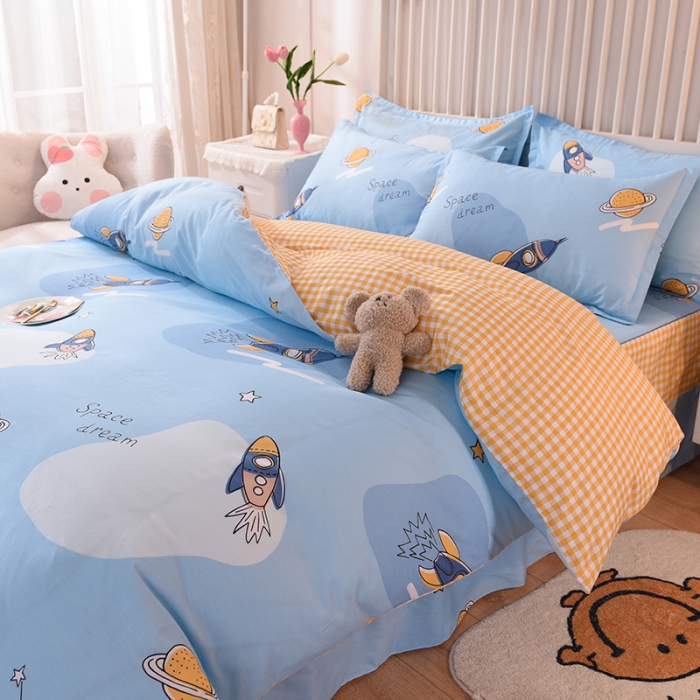 91家纺网 家纺一手货源 找家纺 八十八家纺  2023新款全棉单层款全棉床裙四件套 太空之旅