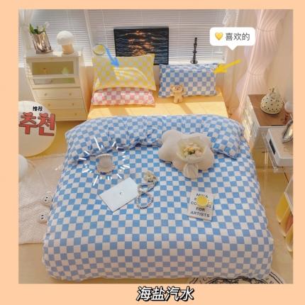 91家纺网 家纺一手货源 找家纺 顾里家纺 2021新款韩系撞色棋盘格高克重牛奶绒四件套 海盐汽水