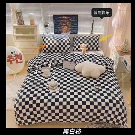 91家纺网 家纺一手货源 找家纺 （总）顾里家纺 2021新款韩系撞色棋盘格高克重牛奶绒四件套