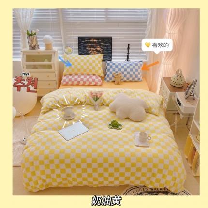 91家纺网 家纺一手货源 找家纺 （总）顾里家纺 2021新款韩系撞色棋盘格高克重牛奶绒四件套