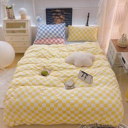 顾里家纺 2021新款韩系撞色棋盘格高克重牛奶绒四件套 海盐蛋黄
