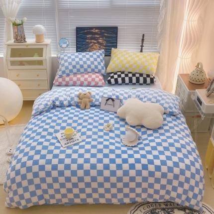 顾里家纺 2021新款韩系撞色棋盘格高克重牛奶绒四件套 海盐蓝