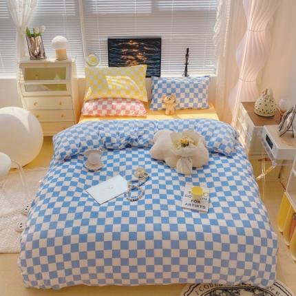 顾里家纺 2021新款韩系撞色棋盘格高克重牛奶绒四件套 海盐汽水
