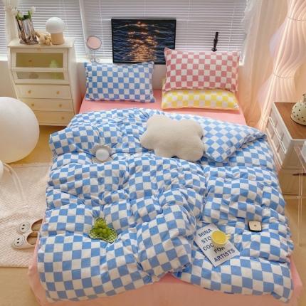 顾里家纺 2021新款韩系撞色棋盘格高克重牛奶绒四件套 蓝天粉