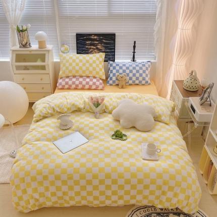 顾里家纺 2021新款韩系撞色棋盘格高克重牛奶绒四件套 奶油黄