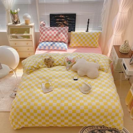 顾里家纺 2021新款韩系撞色棋盘格高克重牛奶绒四件套 芝芝粉桃