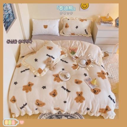 91家纺网 家纺一手货源 找家纺 顾里家纺 新款A版泰迪羊羔绒B版牛奶绒ins风韩国四件套 泰迪熊
