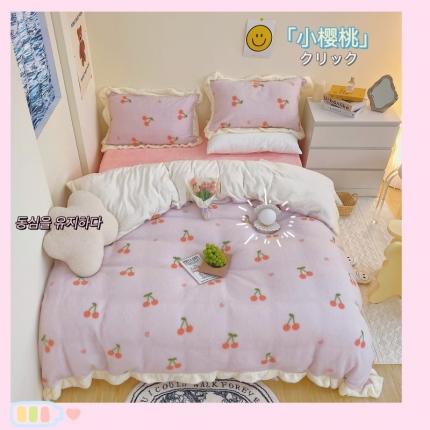 91家纺网 家纺一手货源 找家纺 顾里家纺 新款A版泰迪羊羔绒B版牛奶绒ins风韩国四件套 樱桃