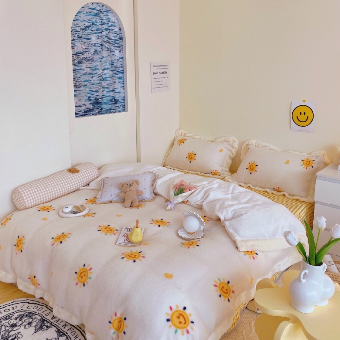 91家纺网 家纺一手货源 找家纺 顾里家纺 新款A版泰迪羊羔绒B版牛奶绒ins风韩国四件套 小太阳