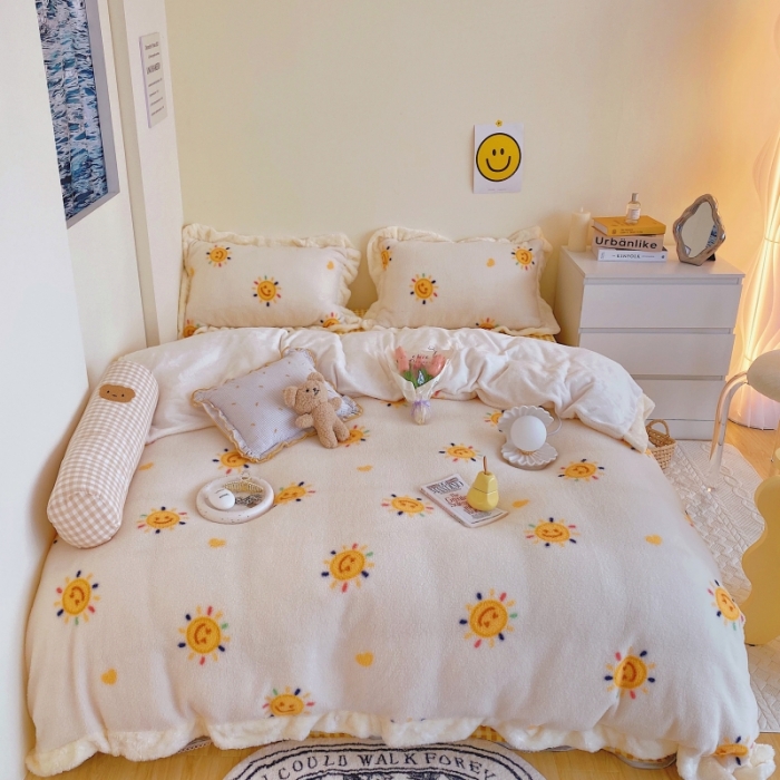 91家纺网 家纺一手货源 找家纺 顾里家纺 新款A版泰迪羊羔绒B版牛奶绒ins风韩国四件套 小太阳